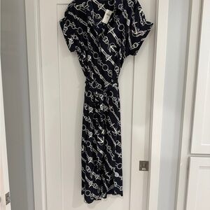 Ralph Lauren Navy and White Front Button Midi Dress w/Fabric Belt